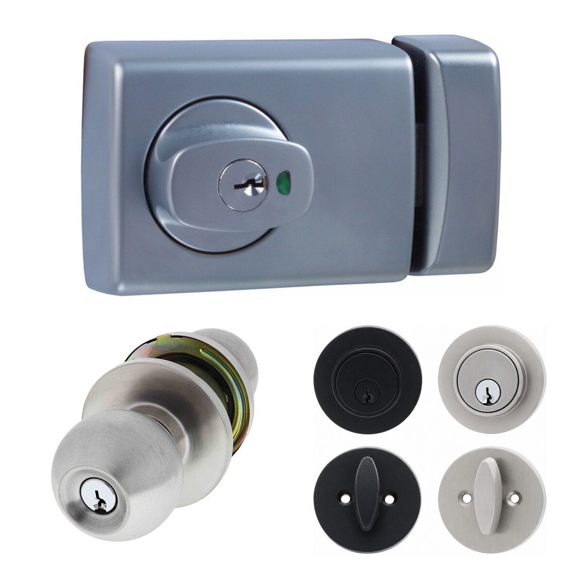 Keyed entrance door locks and deadbolts – Lockwood 001, Carbine Epsom knobset and LB3 deadbolts